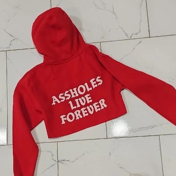 Assholes Live Forever Red Cropped Hoodie | Size Small | Streetwear Graphic - Picture 3 of 4